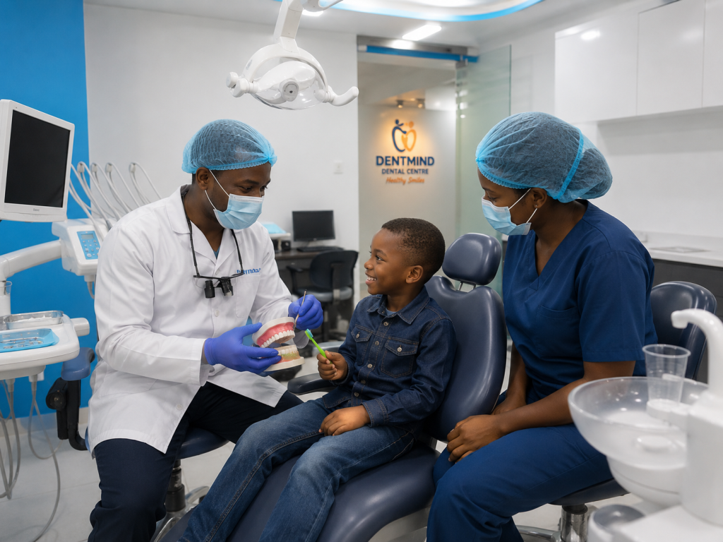 Pediatric dentist consulting with young patient at DentMind CBD Dental Centre Nairobi
