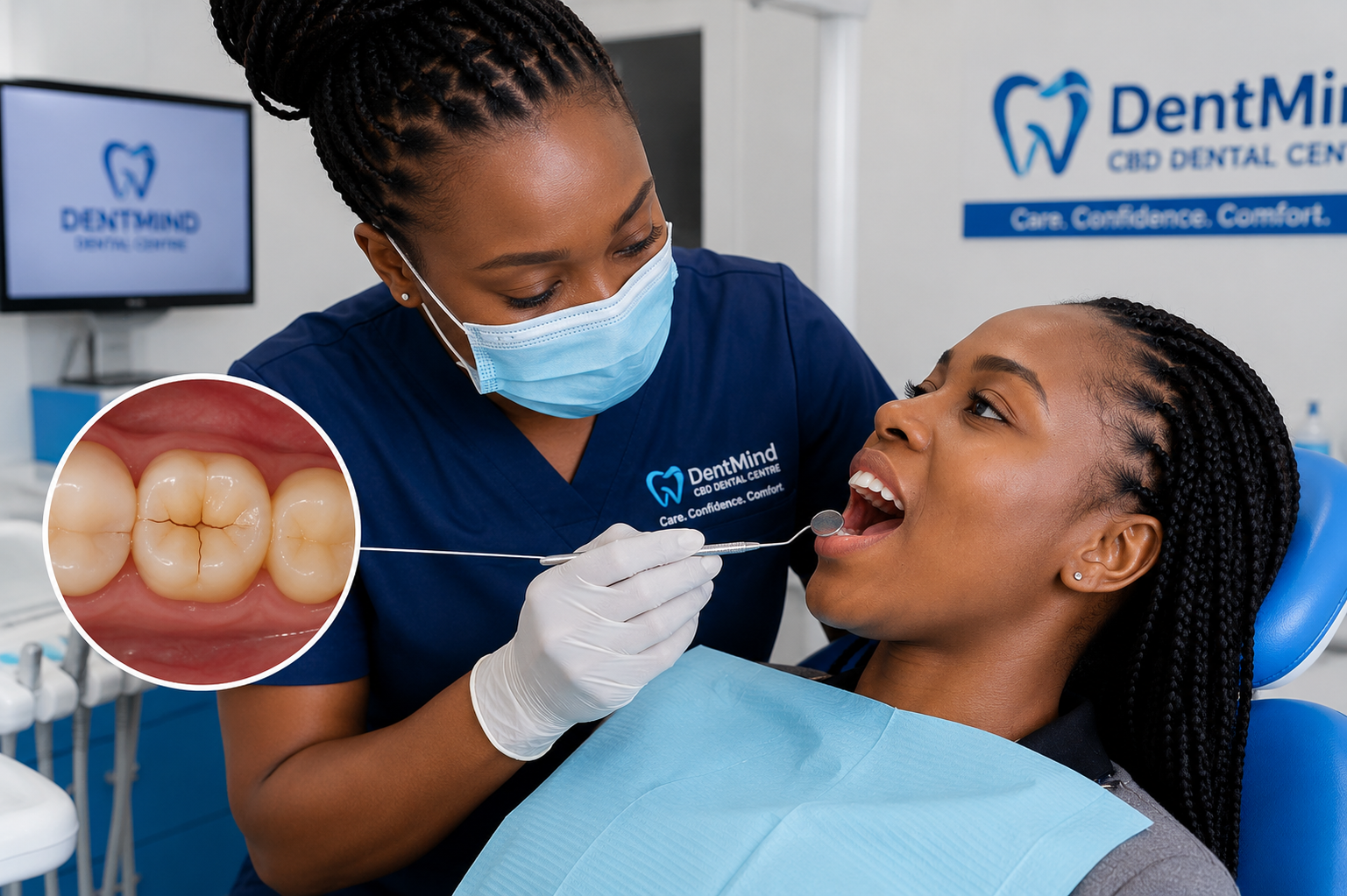 Dentist examining a cracked tooth at DentMind CBD Dental Centre Kimathi Street Nairobi CBD