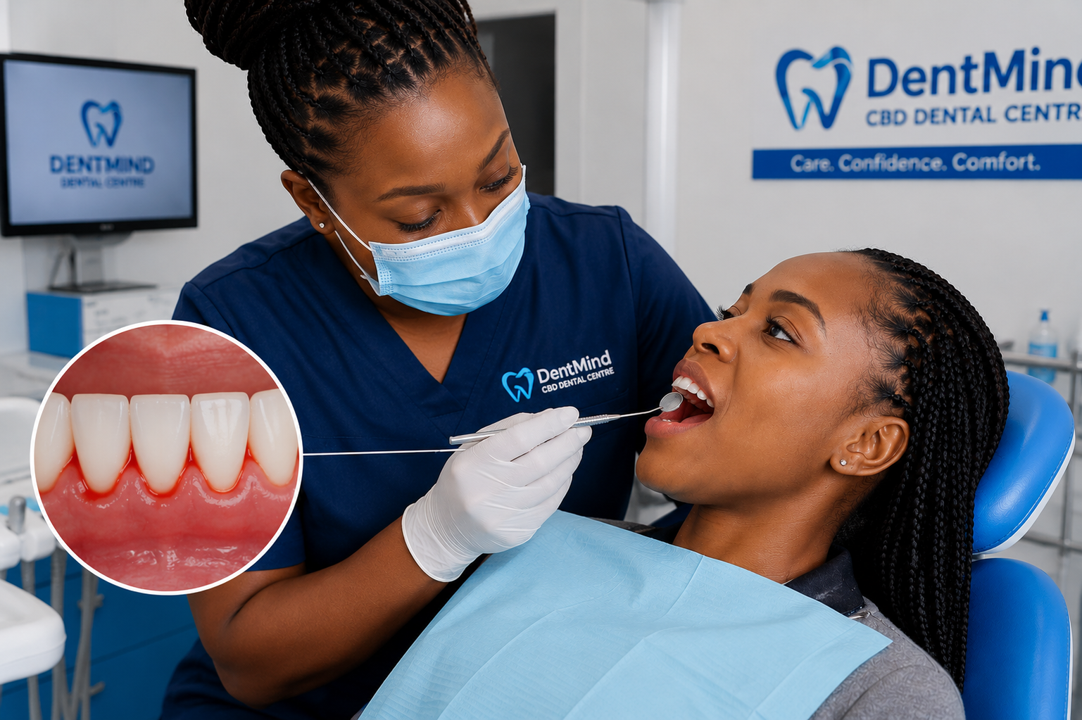Dentist examining swollen and bleeding gums at DentMind CBD Dental Centre Kimathi Street Nairobi CBD