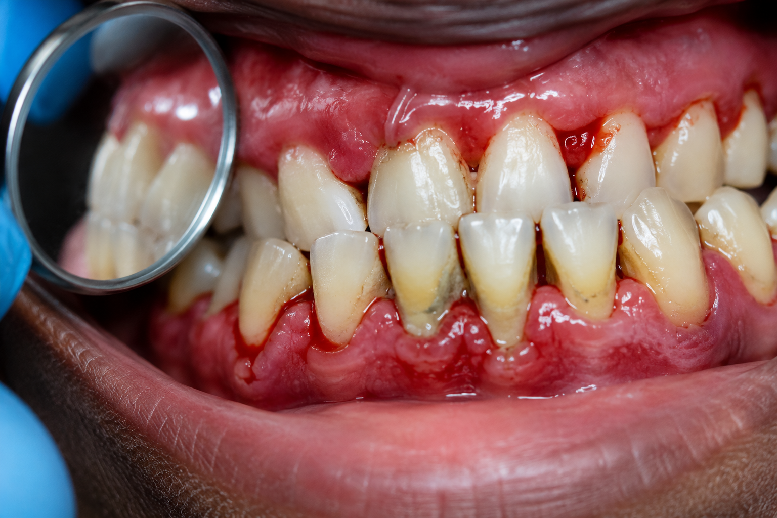 Inflamed gum tissue showing signs of periodontitis in a diabetic patient