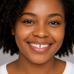 Smiling woman with a small gap between her front teeth before cosmetic treatment.