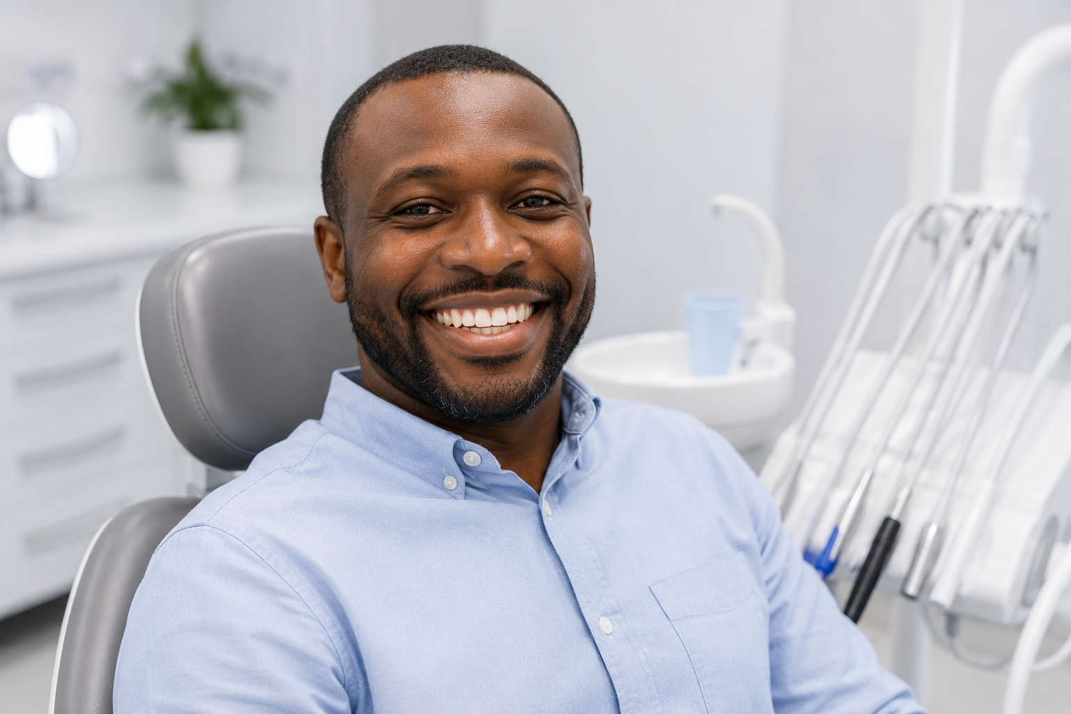 Man smiling confidently after replacing a missing tooth with an implant or bridge