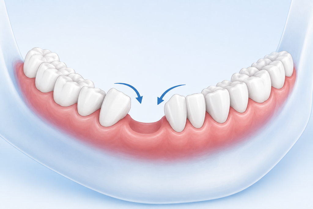 Illustration of teeth drifting into the gap left by a missing tooth