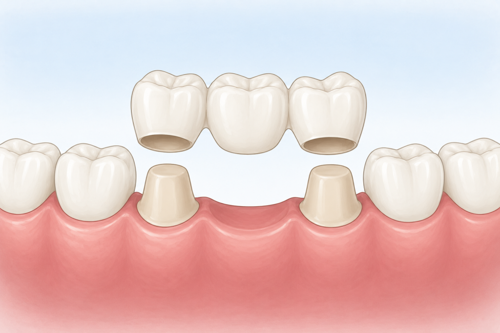 Illustration of a dental bridge anchored to the two neighbouring teeth