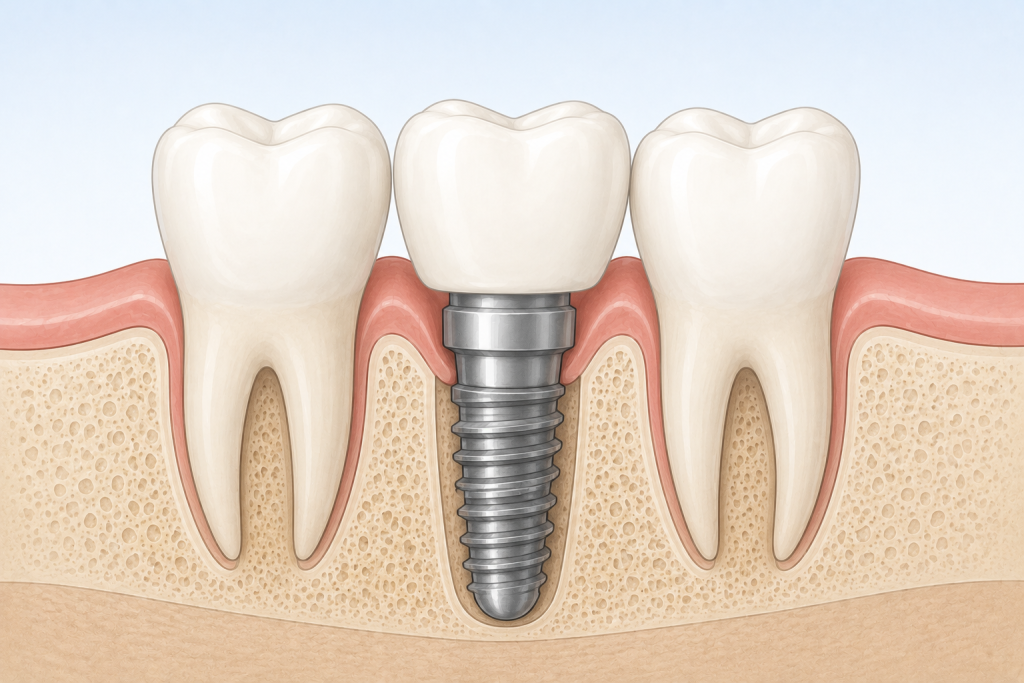 Illustration of a dental implant with post, abutment and crown between natural teeth