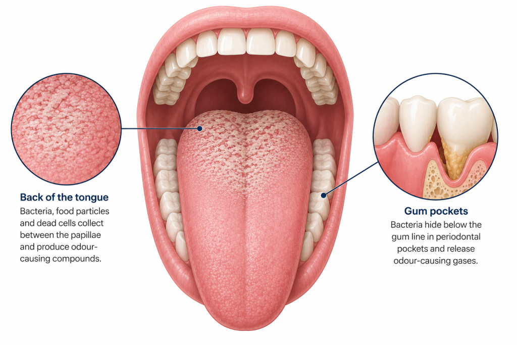Bad Breath: The Science Behind Halitosis and How to Stop It. Where bacteria that cause bad breath live in the mouth