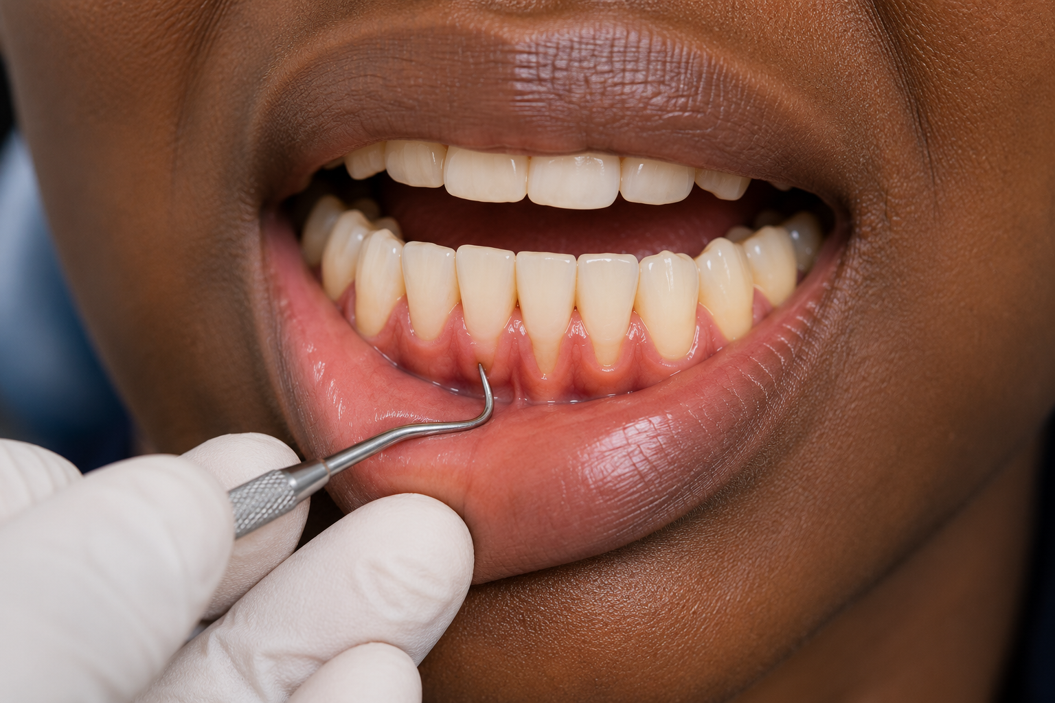 Gum recession shown along the lower front teeth during a check at a dentist in Nairobi CBD.