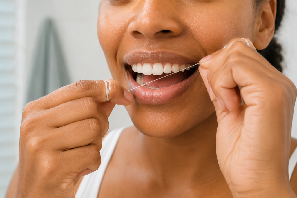 Gum Recession: Causes, Treatment and Prevention. Flossing between teeth to help prevent gum recession.
