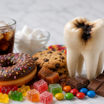 Close-up of sugary foods and drinks next to a model of a decayed tooth, illustrating how sugar destroys teeth