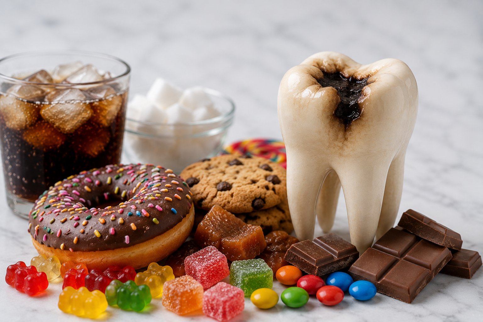 Close-up of sugary foods and drinks next to a model of a decayed tooth, illustrating how sugar destroys teeth