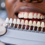 Dentist using a shade guide for teeth whitening assessment Title: Teeth whitening shade assessment.
