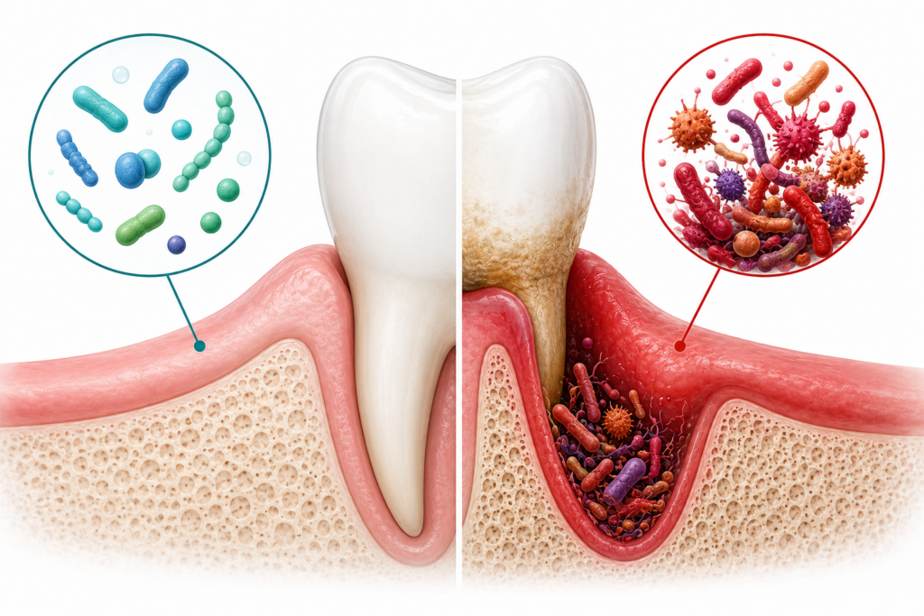 Illustration of bacteria shifting along the gumline in a smoker's mouth.