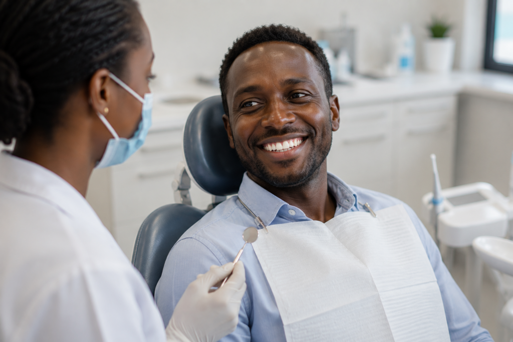 Smiling person at a dental check-up after quitting smoking.