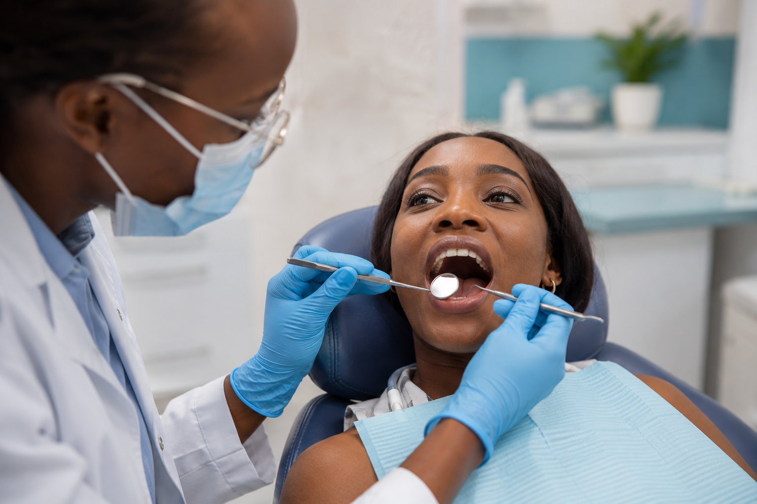 Patient receiving a dental examination at DentMind CBD Dental Centre, Nairobi CBD, with focus on gum health and cardiovascular risk