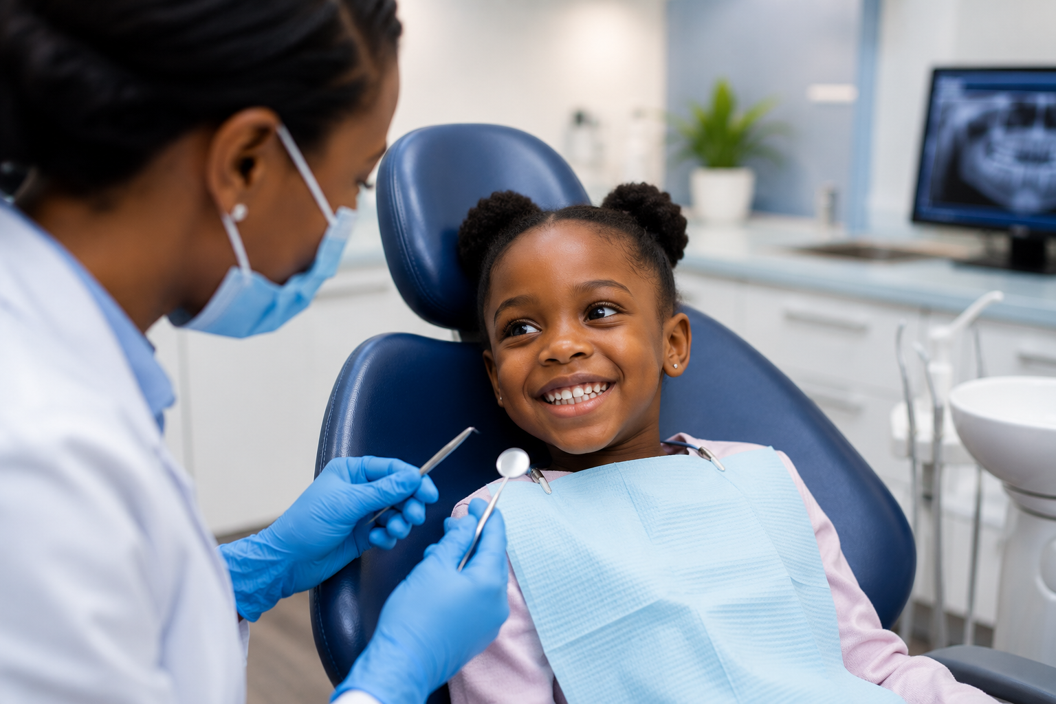 Child sitting in dental chair smiling at dentist during first dental visit at children's dentist Nairobi CBD.