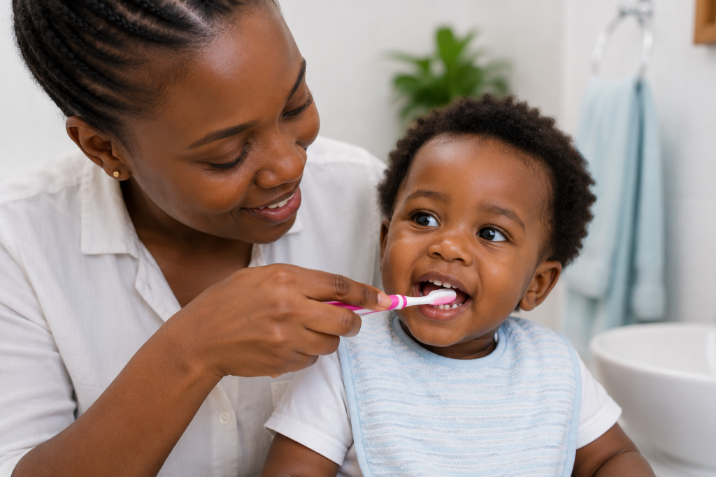 Mother brushing toddler's teeth with fluoride toothpaste to prevent early childhood caries in Nairobi