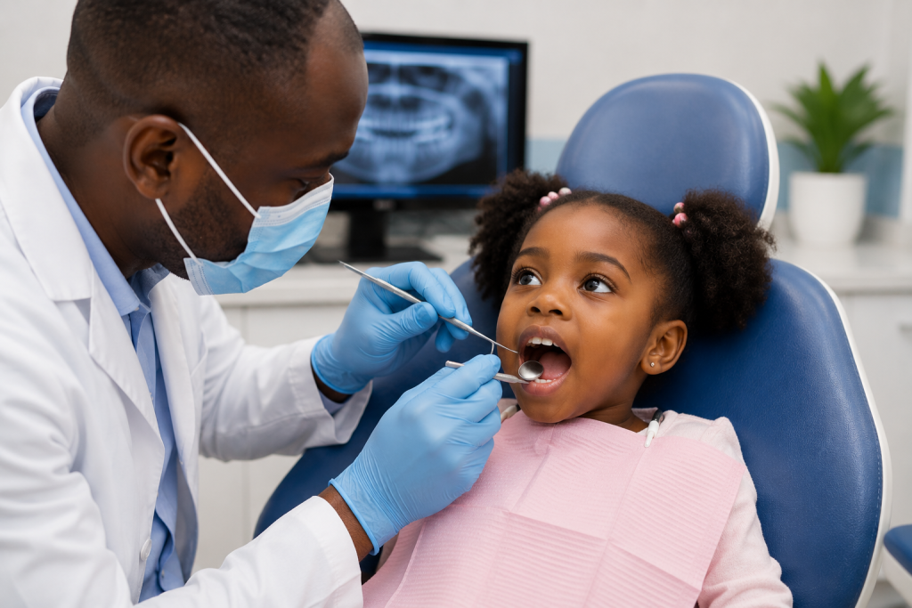 Dentist examining young child's teeth at paediatric dental check-up at Nairobi CBD dental clinic