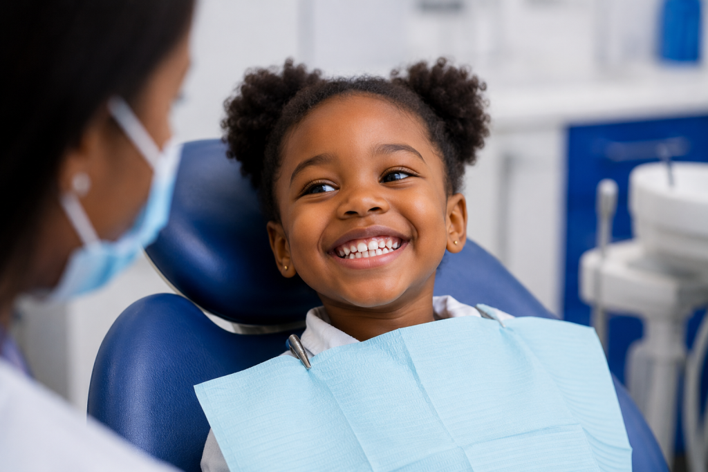 Young child showing healthy teeth and smiling after first dental visit at children's dentist Nairobi CBD