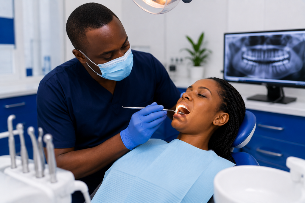 Dentist performing a routine checkup covered by outpatient dental benefits