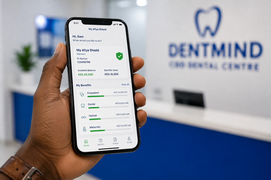 Checking dental insurance benefits on a phone before a Nairobi dental visit. Fidelity Insurance Dental Cover is among one of the prominent covers one can access at DentMind Dental Centre Nairobi CBD.