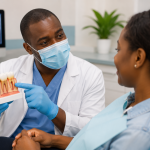 Dentist showing a patient how to reverse gum disease in Nairobi CBD.
