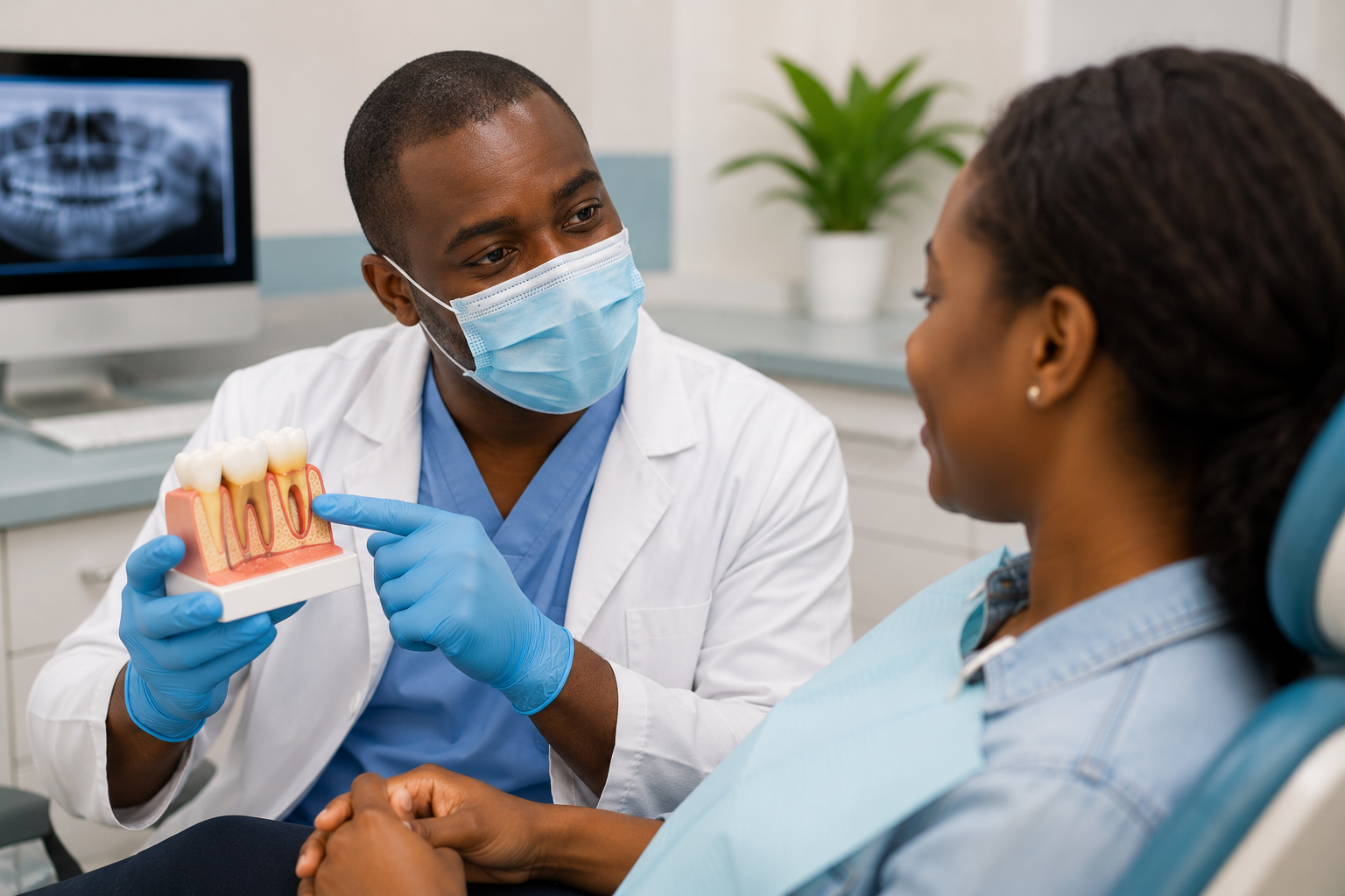 Dentist showing a patient how to reverse gum disease in Nairobi CBD.