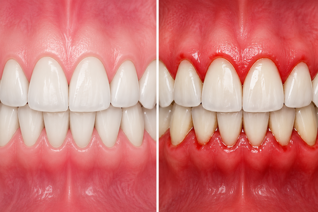  Close up of healthy pink gums compared with inflamed bleeding gums.