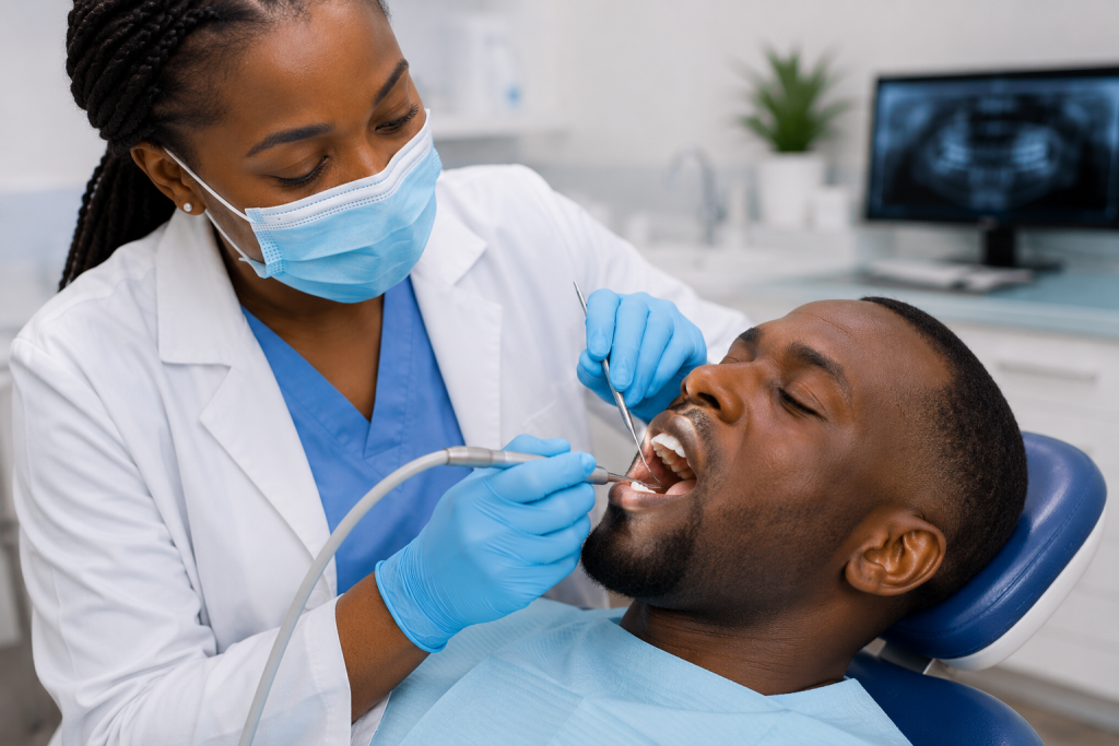 Dentist performing a deep clean below the gumline to treat gum disease.