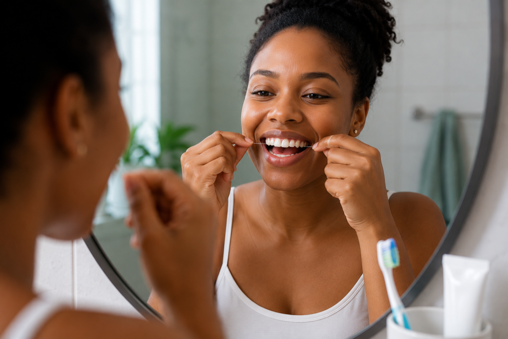 Person brushing and flossing to prevent gum disease at home.