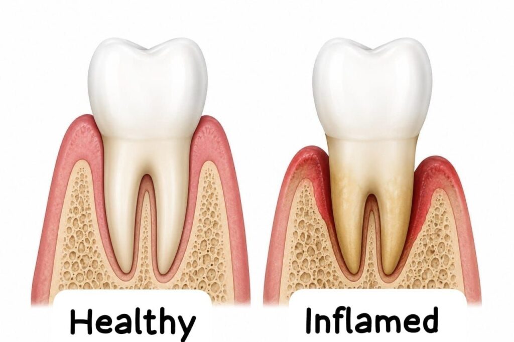 Diagram comparing healthy gums with receding gums affected by smoking.