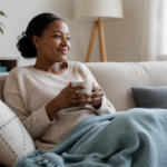 Woman resting comfortably at home during dental implant recovery.