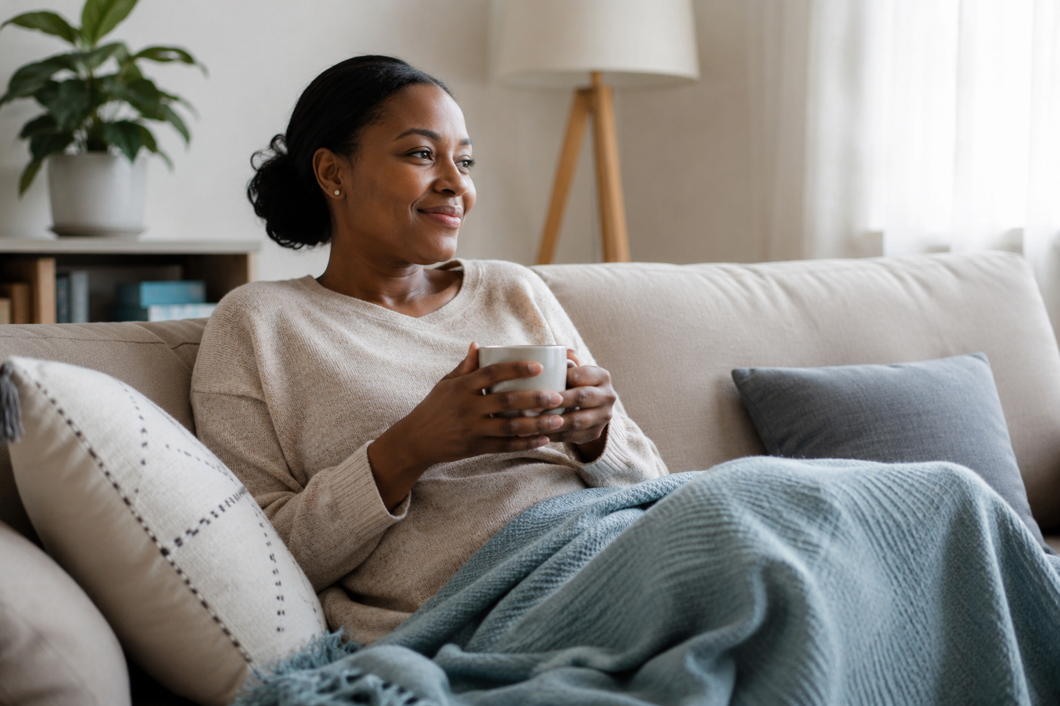 Woman resting comfortably at home during dental implant recovery.