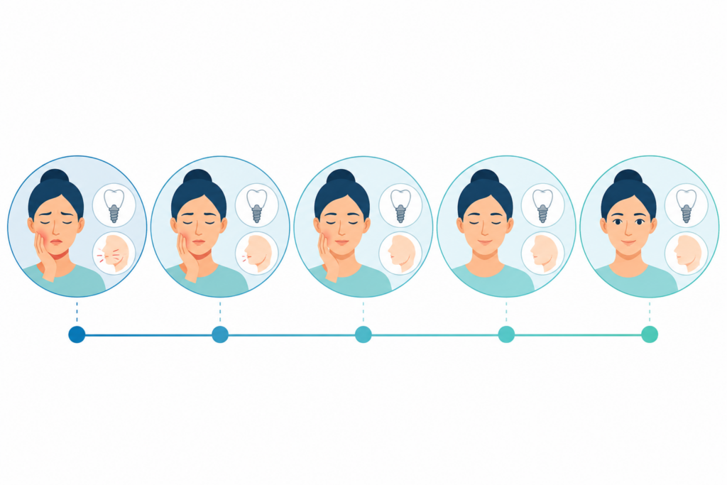Simple day by day dental implant healing timeline illustration.