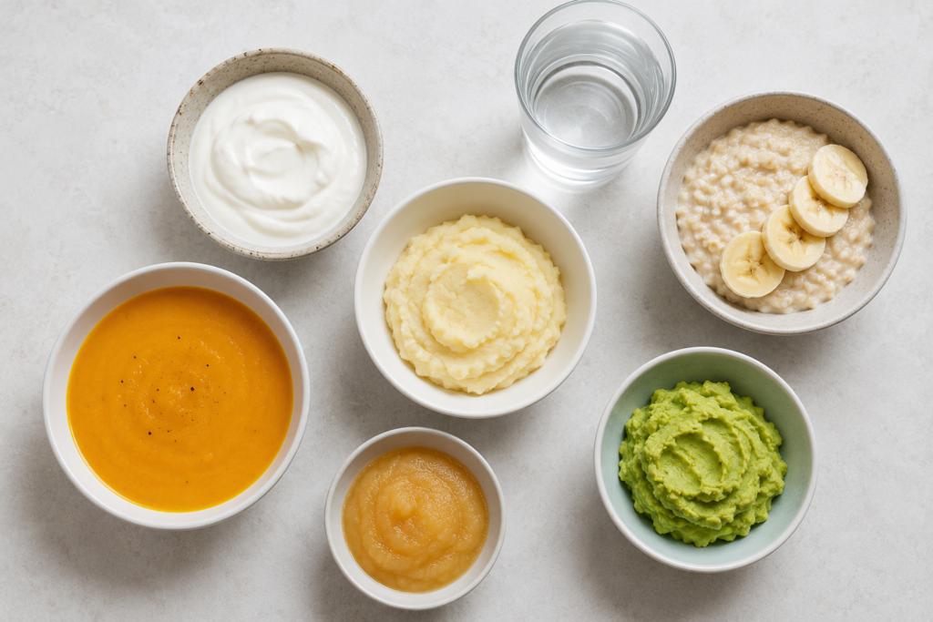 Soft foods and water arranged for eating after implant surgery.