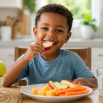 Diet for healthy teeth in children: a smiling child eating tooth-friendly foods.