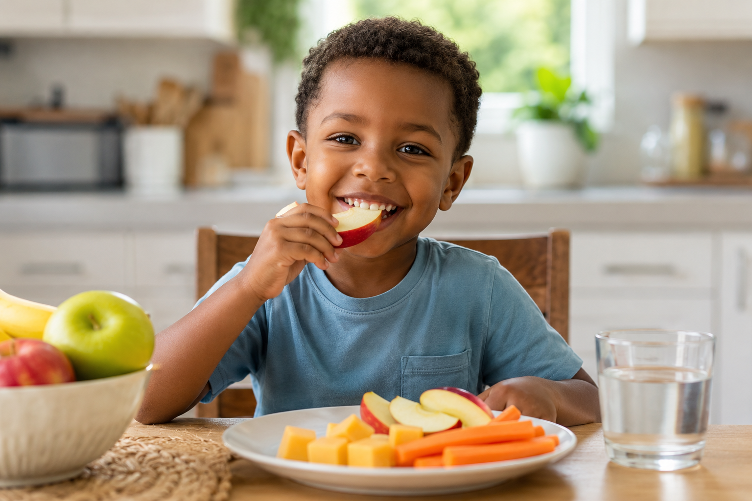 Diet for healthy teeth in children: a smiling child eating tooth-friendly foods.