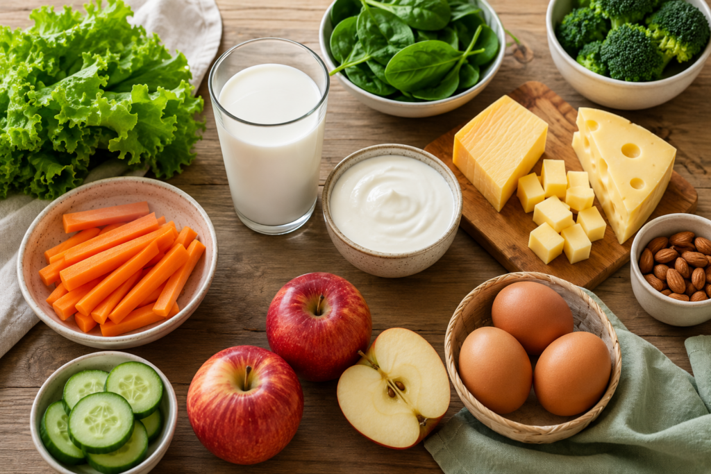 Tooth-friendly foods for children including milk, cheese, and vegetables.