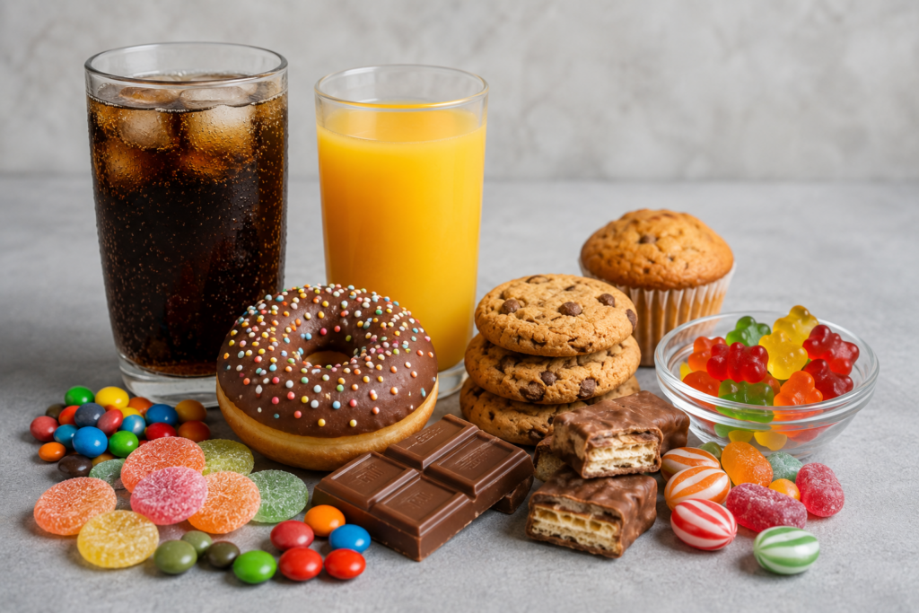 Sugary drinks and snacks that cause cavities in children.