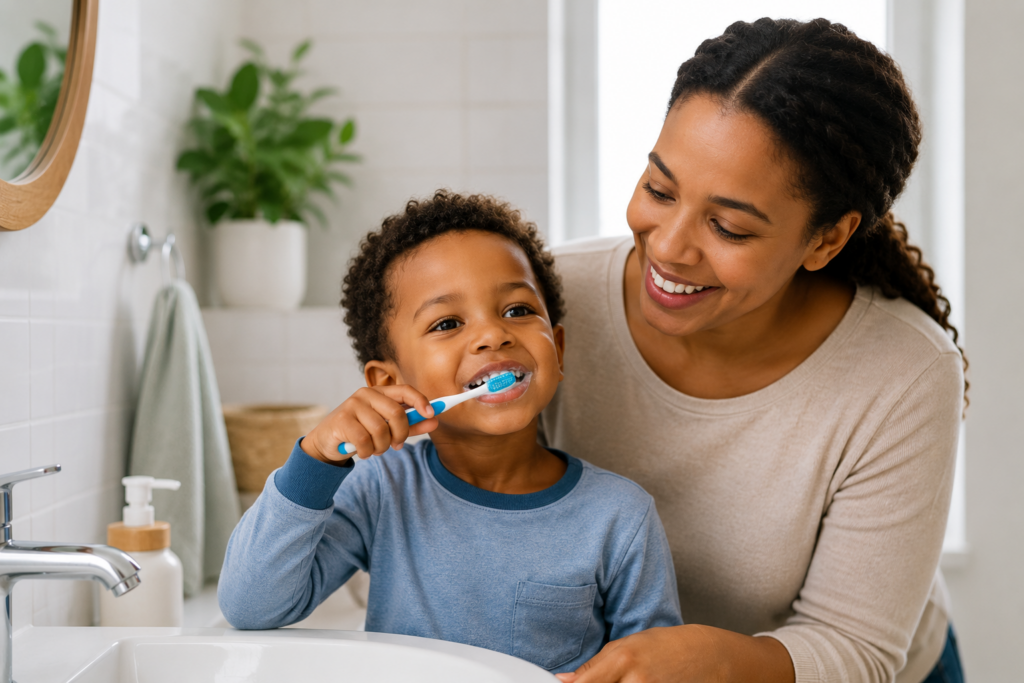 Parent helping a young child brush teeth after a healthy meal.