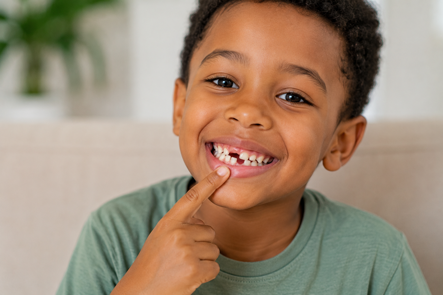 Young child smiling and pointing to a loose baby tooth at the front of the mouth.
