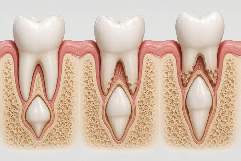 Diagram showing an adult tooth developing beneath a baby tooth as the root resorbs.