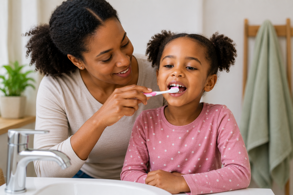 Parent helping a child gently brush around a loose baby tooth.