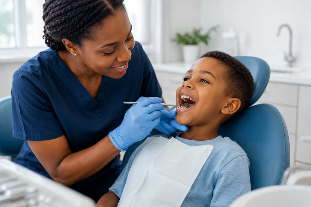 Dentist checking a child's loose baby tooth during a friendly check-up.