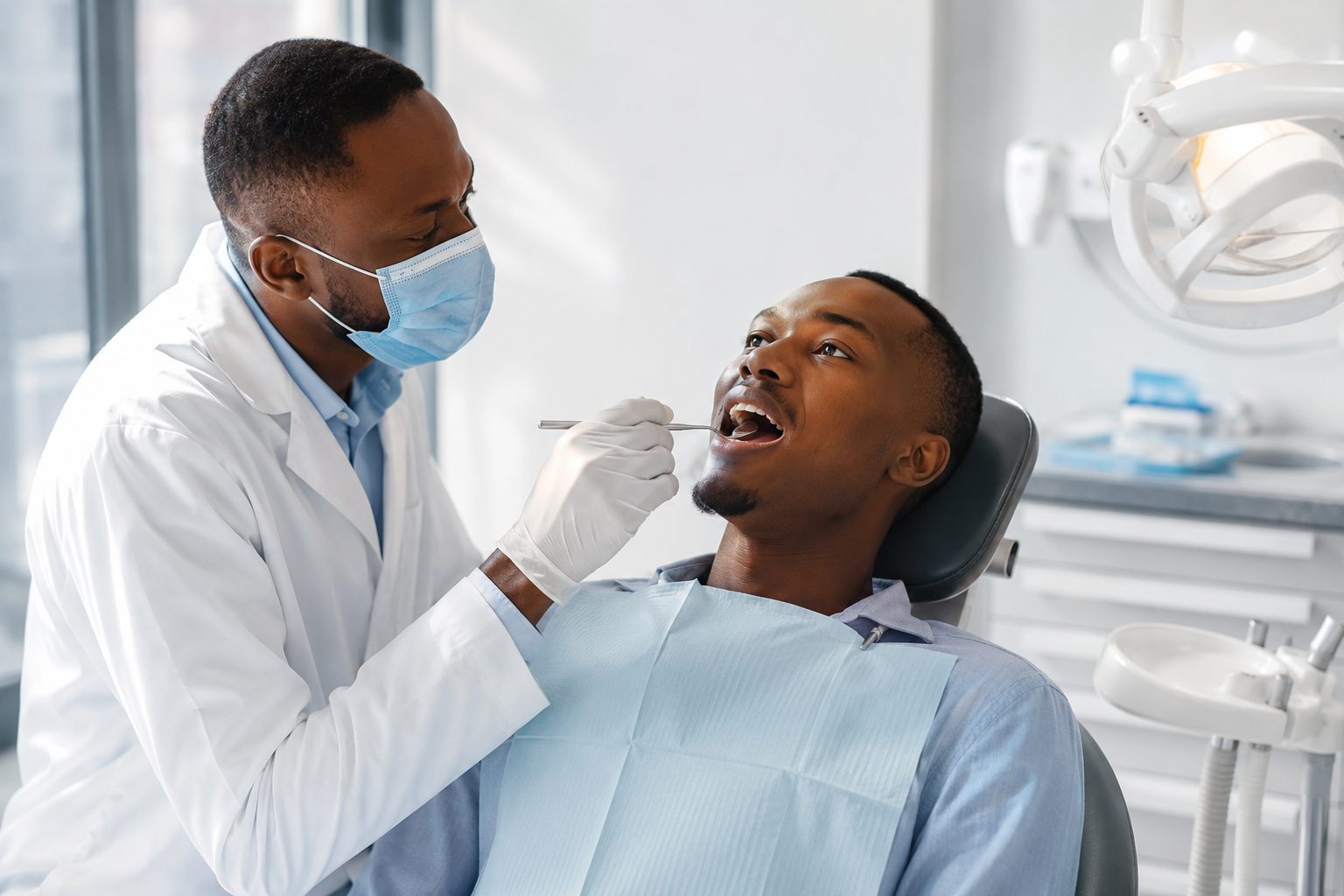 Dentist preparing for a tooth extraction on a patient at a Nairobi CBD dental clinic.