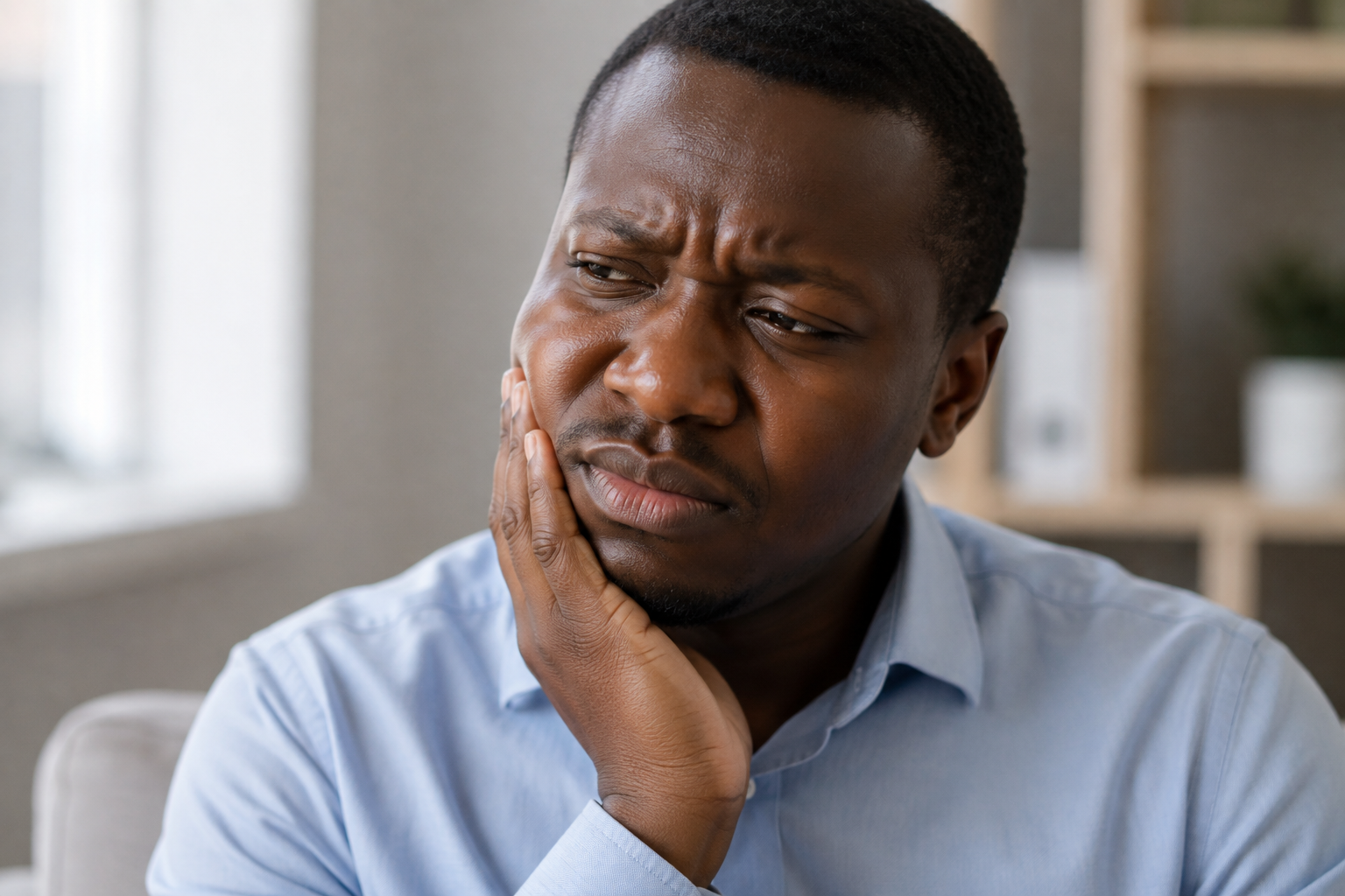 Man in Nairobi CBD holding his swollen cheek from a dental abscess.