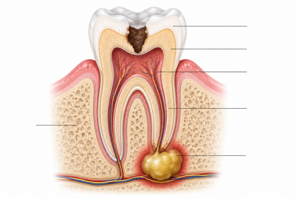 Diagram of a tooth showing decay reaching the pulp and a dental abscess at the root.