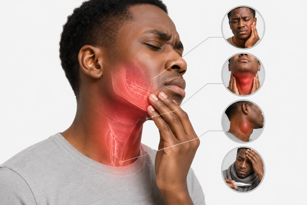 Warning signs of a spreading tooth infection including neck swelling and fever.