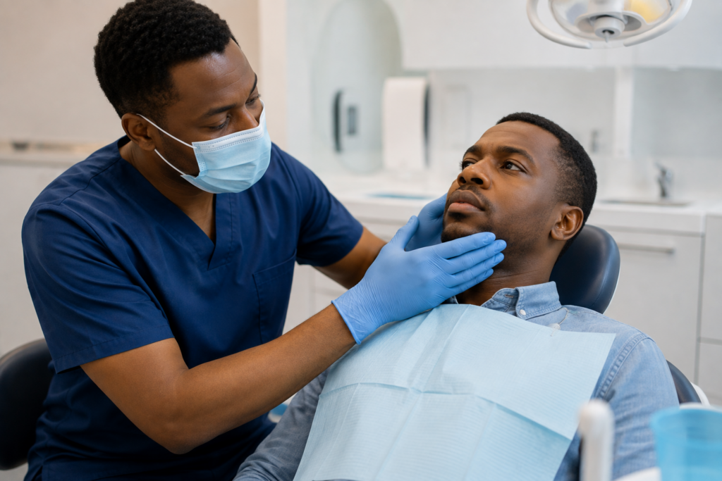 Dentist in Nairobi CBD examining a patient with facial swelling for emergency treatment.