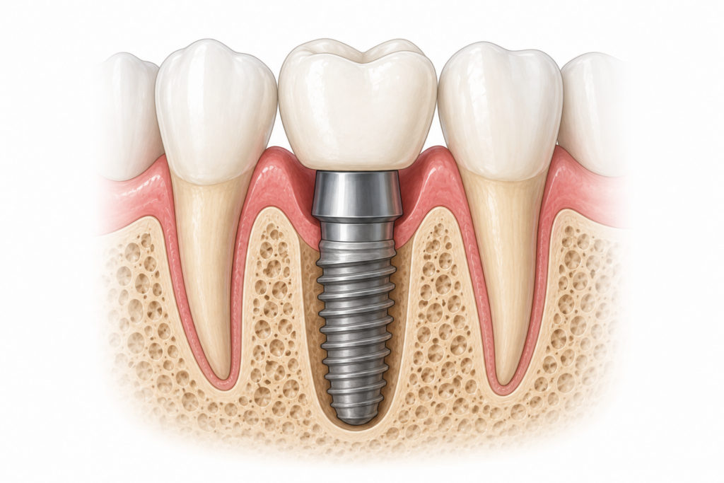 diagram of a titanium dental implant placed in the jawbone.