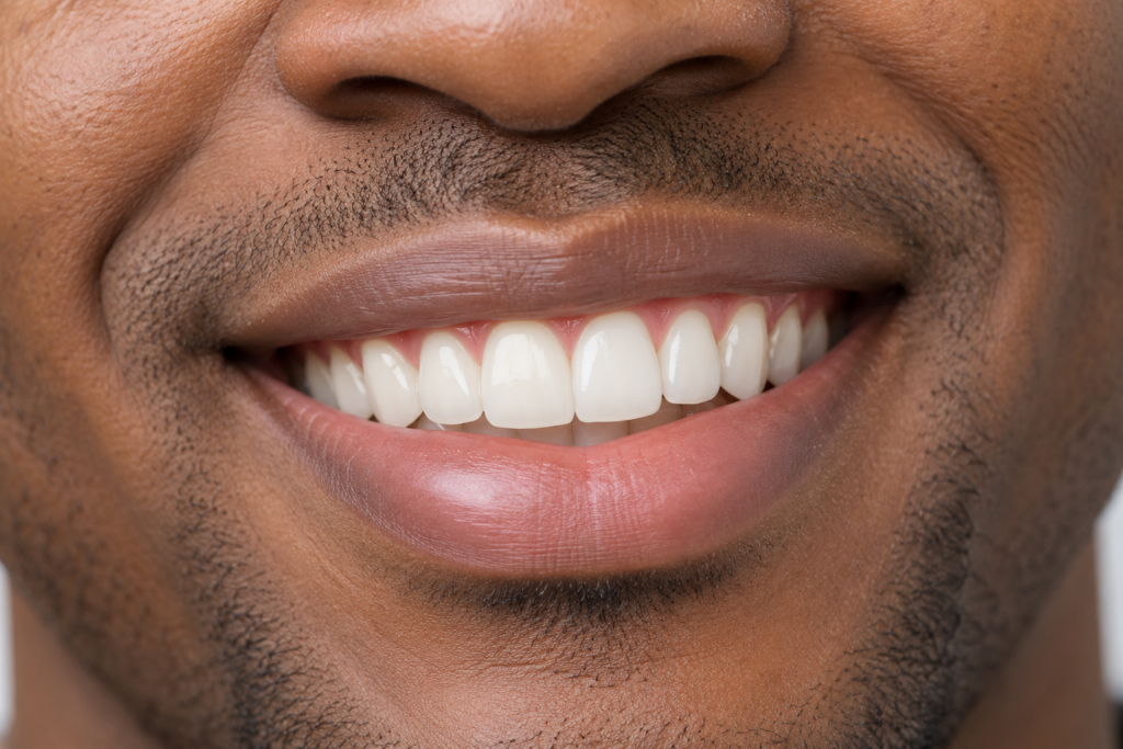 finished dental implant crown matching natural teeth.